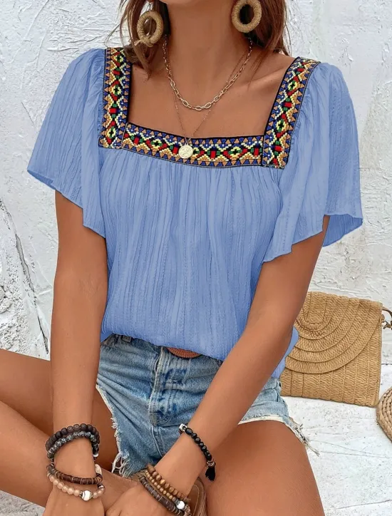 Clearance Women's Shirt Solid Color Stylish Casual Short Sleeve Square Neck Regular Tops Daily Patchwork Embroidered Black White Blue Fuchsia Summer Women Blouses & Shirts