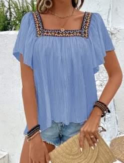 Clearance Women's Shirt Solid Color Stylish Casual Short Sleeve Square Neck Regular Tops Daily Patchwork Embroidered Black White Blue Fuchsia Summer Women Blouses & Shirts