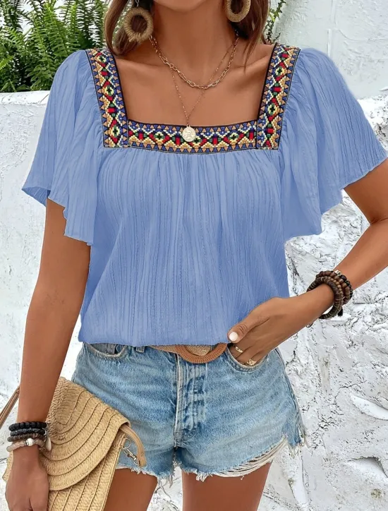 Clearance Women's Shirt Solid Color Stylish Casual Short Sleeve Square Neck Regular Tops Daily Patchwork Embroidered Black White Blue Fuchsia Summer Women Blouses & Shirts