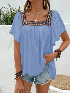 Clearance Women's Shirt Solid Color Stylish Casual Short Sleeve Square Neck Regular Tops Daily Patchwork Embroidered Black White Blue Fuchsia Summer Women Blouses & Shirts