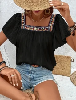 Clearance Women's Shirt Solid Color Stylish Casual Short Sleeve Square Neck Regular Tops Daily Patchwork Embroidered Black White Blue Fuchsia Summer Women Blouses & Shirts