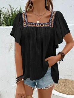 Clearance Women's Shirt Solid Color Stylish Casual Short Sleeve Square Neck Regular Tops Daily Patchwork Embroidered Black White Blue Fuchsia Summer Women Blouses & Shirts