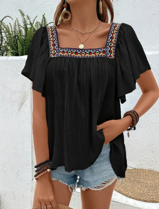 Clearance Women's Shirt Solid Color Stylish Casual Short Sleeve Square Neck Regular Tops Daily Patchwork Embroidered Black White Blue Fuchsia Summer Women Blouses & Shirts