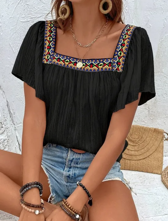 Clearance Women's Shirt Solid Color Stylish Casual Short Sleeve Square Neck Regular Tops Daily Patchwork Embroidered Black White Blue Fuchsia Summer Women Blouses & Shirts
