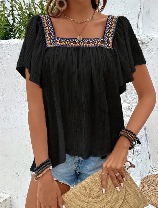 Clearance Women's Shirt Solid Color Stylish Casual Short Sleeve Square Neck Regular Tops Daily Patchwork Embroidered Black White Blue Fuchsia Summer Women Blouses & Shirts