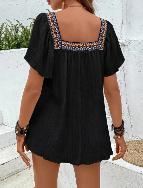 Clearance Women's Shirt Solid Color Stylish Casual Short Sleeve Square Neck Regular Tops Daily Patchwork Embroidered Black White Blue Fuchsia Summer Women Blouses & Shirts