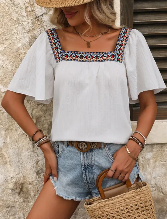 Clearance Women's Shirt Solid Color Stylish Casual Short Sleeve Square Neck Regular Tops Daily Patchwork Embroidered Black White Blue Fuchsia Summer Women Blouses & Shirts