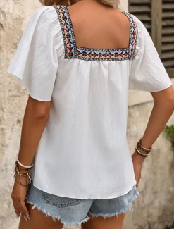 Clearance Women's Shirt Solid Color Stylish Casual Short Sleeve Square Neck Regular Tops Daily Patchwork Embroidered Black White Blue Fuchsia Summer Women Blouses & Shirts