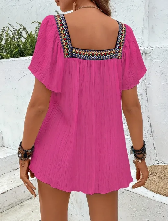 Clearance Women's Shirt Solid Color Stylish Casual Short Sleeve Square Neck Regular Tops Daily Patchwork Embroidered Black White Blue Fuchsia Summer Women Blouses & Shirts