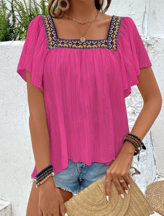 Clearance Women's Shirt Solid Color Stylish Casual Short Sleeve Square Neck Regular Tops Daily Patchwork Embroidered Black White Blue Fuchsia Summer Women Blouses & Shirts