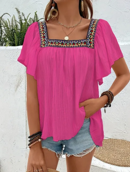 Clearance Women's Shirt Solid Color Stylish Casual Short Sleeve Square Neck Regular Tops Daily Patchwork Embroidered Black White Blue Fuchsia Summer Women Blouses & Shirts