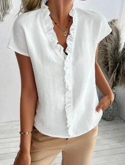 Discount Women's Shirt Solid Color Plain Elegant Tropical Daily Short Sleeve V Neck Regular Tops Daily Holiday Beach Wear Ruffle White Orange Green Light Blue Summer Spring Women Blouses & Shirts