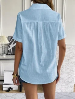 Sale Women's Shirt Solid Color Basic Casual Short Sleeve Shirt Collar Regular Tops Daily Buttons Black White Pink Blue Summer Women Shirts