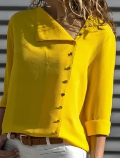 New Women's Shirt Solid Color Stylish Casual Long Sleeve Shirt Collar Regular Tops Daily Buttons Black White Yellow Pink Summer Spring Women Blouses & Shirts