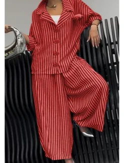 Discount Women's Shirt Striped Stylish Casual Long Sleeve Shirt Collar Regular Tops Daily Holiday Buttons Print Yellow Red Blue Purple Green Summer Spring Fall Women Two Piece Sets