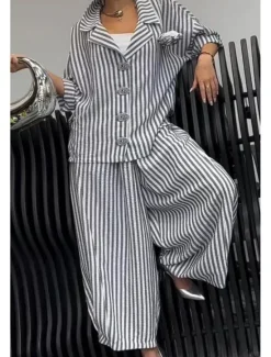 Discount Women's Shirt Striped Stylish Casual Long Sleeve Shirt Collar Regular Tops Daily Holiday Buttons Print Yellow Red Blue Purple Green Summer Spring Fall Women Two Piece Sets