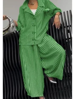 Discount Women's Shirt Striped Stylish Casual Long Sleeve Shirt Collar Regular Tops Daily Holiday Buttons Print Yellow Red Blue Purple Green Summer Spring Fall Women Two Piece Sets