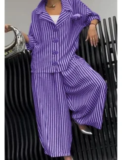 Discount Women's Shirt Striped Stylish Casual Long Sleeve Shirt Collar Regular Tops Daily Holiday Buttons Print Yellow Red Blue Purple Green Summer Spring Fall Women Two Piece Sets