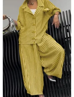 Discount Women's Shirt Striped Stylish Casual Long Sleeve Shirt Collar Regular Tops Daily Holiday Buttons Print Yellow Red Blue Purple Green Summer Spring Fall Women Two Piece Sets