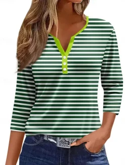 Women's Shirt Striped Stylish Casual Long Sleeve V Neck Regular Tops Daily Buttons Print White Wine Blue Green Summer Spring Fall Women T-Shirts