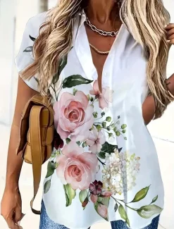 Outlet Women's Shirt Stylish Floral Buttons Print Short Sleeve Shirt Collar Work Daily Summer Women Spring Tops