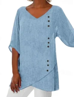 Online Women's Shirt Summer Tops Blouse Elegant Daily Half Sleeve V Neck Regular Tops Daily Asymmetric Summer Spring Fall Women Shirts