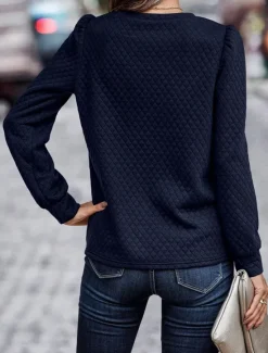 Best Women's Shirt Texture Sweatshirt Waffle Sweatshirt Solid Color Business Modern Long Sleeve Crew Neck Regular Tops Work Black Navy Blue Brown Beige Fall Winter Women Hoodies & Sweatshirts