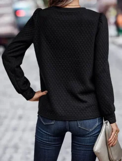 Best Women's Shirt Texture Sweatshirt Waffle Sweatshirt Solid Color Business Modern Long Sleeve Crew Neck Regular Tops Work Black Navy Blue Brown Beige Fall Winter Women Hoodies & Sweatshirts