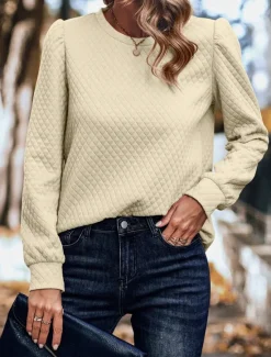 Best Women's Shirt Texture Sweatshirt Waffle Sweatshirt Solid Color Business Modern Long Sleeve Crew Neck Regular Tops Work Black Navy Blue Brown Beige Fall Winter Women Hoodies & Sweatshirts