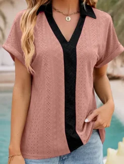 New Women's Shirt Tunic Plain Short Sleeve V Neck Shirt Collar Work Daily Sage Green Pink Rose Pink Summer Women Lace Tops