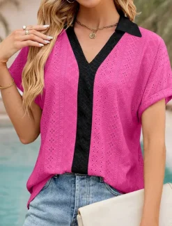 New Women's Shirt Tunic Plain Short Sleeve V Neck Shirt Collar Work Daily Sage Green Pink Rose Pink Summer Women Lace Tops