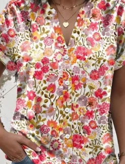 Hot Women's Shirt V Neck Button Down Blouse Floral Graphic Elegant Modern Casual Short Sleeve Notched Neck Regular Tops Work Daily Buttons Print Summer Spring Women Blouses & Shirts|Spring Tops