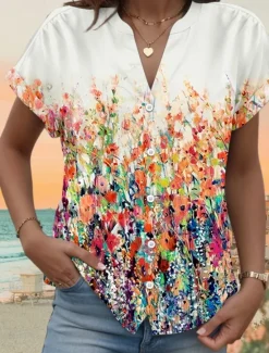 Discount Women's Shirt V Neck Button Down Blouse Floral Graphic Stylish Beach Short Sleeve Shirt Collar Regular Tops Daily Buttons Print Spring Fall Women Spring Tops