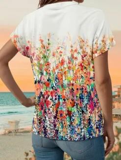 Discount Women's Shirt V Neck Button Down Blouse Floral Graphic Stylish Beach Short Sleeve Shirt Collar Regular Tops Daily Buttons Print Spring Fall Women Spring Tops