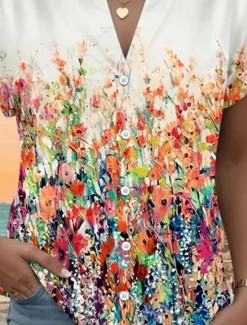 Discount Women's Shirt V Neck Button Down Blouse Floral Graphic Stylish Beach Short Sleeve Shirt Collar Regular Tops Daily Buttons Print Spring Fall Women Spring Tops