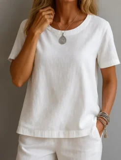 Women's Shirt White Cotton Top Solid Color Elegant Vintage Basic Short Sleeve Crew Neck Regular Tops Daily Going out Weekend White Yellow Pink Purple Green Summer Spring Women Shirts|T-Shirts