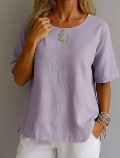 Women's Shirt White Cotton Top Solid Color Elegant Vintage Basic Short Sleeve Crew Neck Regular Tops Daily Going out Weekend White Yellow Pink Purple Green Summer Spring Women Shirts|T-Shirts