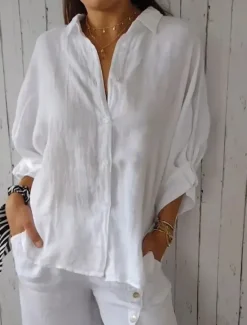Women's Shirts Button Up Blouse Black White Pink Plain Buttons Street Daily Fashion Shirt Collar Poly-Cotton Linen Texture Shirts Regular Fit S Women Shirts