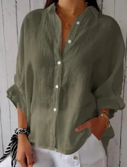 Women's Shirts Button Up Blouse Black White Pink Plain Buttons Street Daily Fashion Shirt Collar Poly-Cotton Linen Texture Shirts Regular Fit S Women Shirts