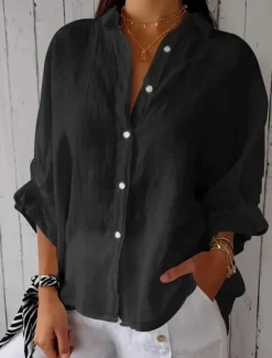 Women's Shirts Button Up Blouse Black White Pink Plain Buttons Street Daily Fashion Shirt Collar Poly-Cotton Linen Texture Shirts Regular Fit S Women Shirts