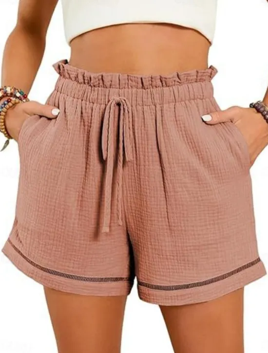 Online Women's Shorts Baggy Pants ChinosFashion Streetwear Short High Waist Plain Pocket Elastic Waistband Comfy Soft Comfortable Micro-elastic Outdoor Street Navy-blue Pinkish Gray Wine Green Summer Spring Women Shorts