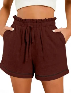 Online Women's Shorts Baggy Pants ChinosFashion Streetwear Short High Waist Plain Pocket Elastic Waistband Comfy Soft Comfortable Micro-elastic Outdoor Street Navy-blue Pinkish Gray Wine Green Summer Spring Women Shorts