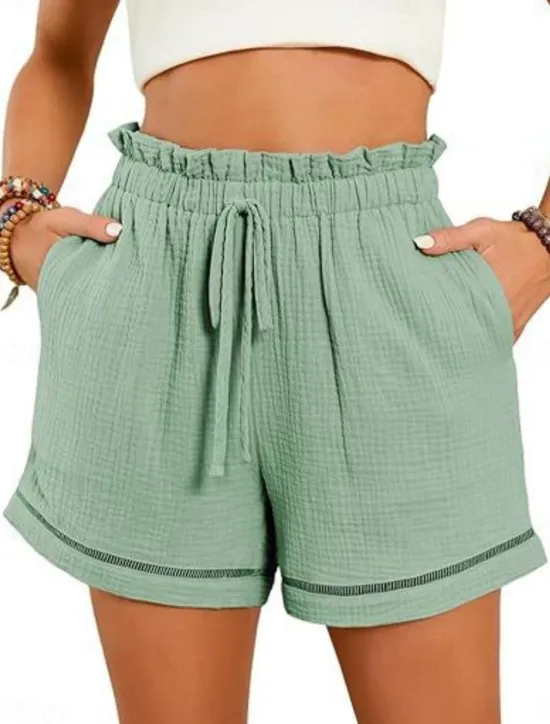 Online Women's Shorts Baggy Pants ChinosFashion Streetwear Short High Waist Plain Pocket Elastic Waistband Comfy Soft Comfortable Micro-elastic Outdoor Street Navy-blue Pinkish Gray Wine Green Summer Spring Women Shorts