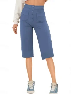 Sale Women's Shorts Capri shorts Streetwear Casual Knee Length High Waist Plain Pocket Elastic Drawstring Design High Cut Breathability Soft Micro-elastic Vacation Street Daily Wear White Royal Blue Women Shorts