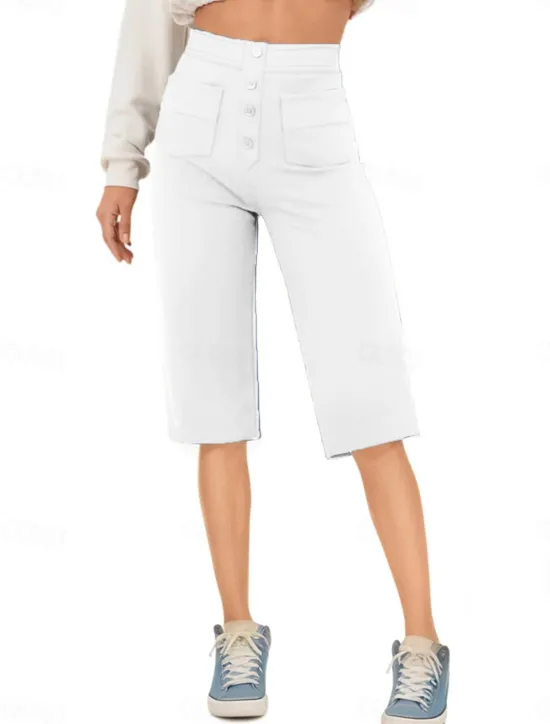 Sale Women's Shorts Capri shorts Streetwear Casual Knee Length High Waist Plain Pocket Elastic Drawstring Design High Cut Breathability Soft Micro-elastic Vacation Street Daily Wear White Royal Blue Women Shorts