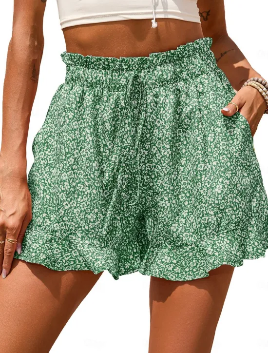 Women's Shorts Casual Daily Short Floral Ruffle Drawstring Side Pockets Breathability Comfortable Inelastic Going out Weekend Red Blue Green Gray Summer Regular Fit Women Shorts