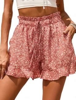 Women's Shorts Casual Daily Short Floral Ruffle Drawstring Side Pockets Breathability Comfortable Inelastic Going out Weekend Red Blue Green Gray Summer Regular Fit Women Shorts