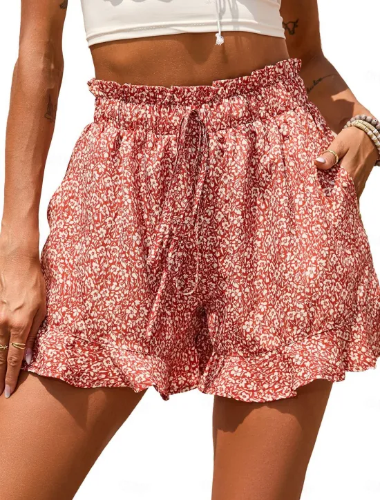 Women's Shorts Casual Daily Short Floral Ruffle Drawstring Side Pockets Breathability Comfortable Inelastic Going out Weekend Red Blue Green Gray Summer Regular Fit Women Shorts