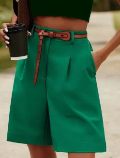 Outlet Women's Shorts Casual Daily Short Plain Side Pockets Breathability Comfortable Micro-elastic Weekend White Pink Camel Green Summer Regular Fit Women Shorts