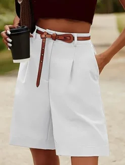 Outlet Women's Shorts Casual Daily Short Plain Side Pockets Breathability Comfortable Micro-elastic Weekend White Pink Camel Green Summer Regular Fit Women Shorts